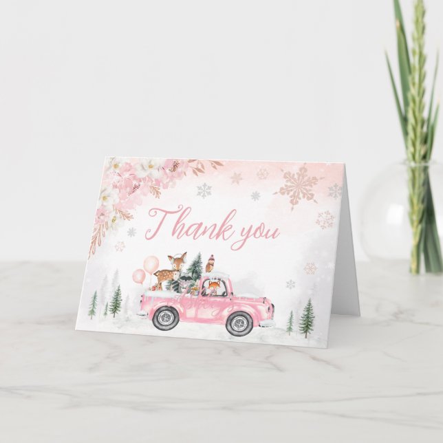 Pink Winter Woodland Truck Kinderdusche Dankeskarte (Vorderseite)