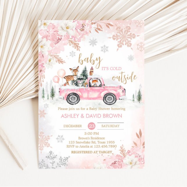 Pink Winter Woodland Truck Kinderdusche Einladung (Pink Baby It's Cold Outside Baby Shower Invitation)