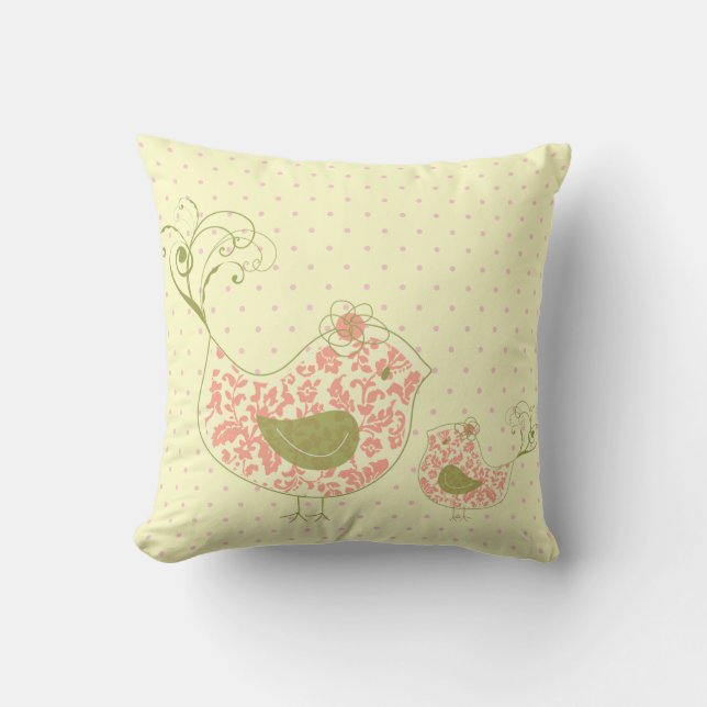 Pink Wirble Mama & Baby Bird Whimsical Kissen (Vorderseite)