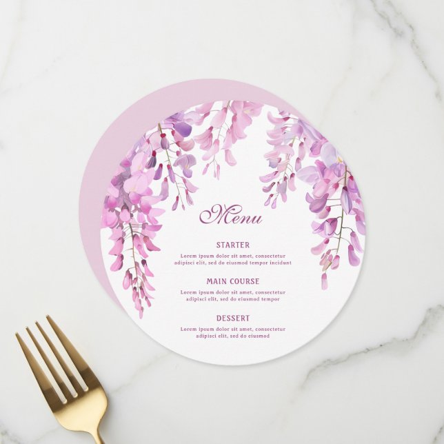 Pink Wisteria Round Menükarte (Vorderseite/Rückseite Beispiel)