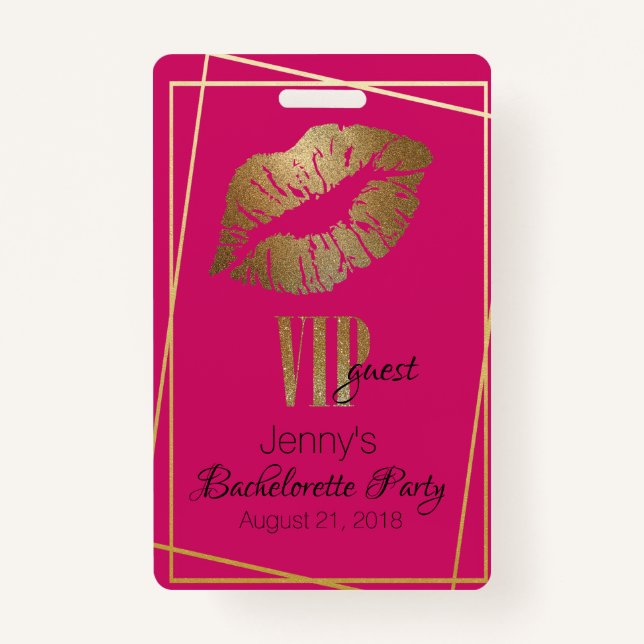 Pink with Gold Lip Print Bachelorette Party Badge (Devant)