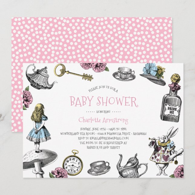 Pink Wonderland Baby Dusche mit Polka Dots Einladung (Vorne/Hinten)