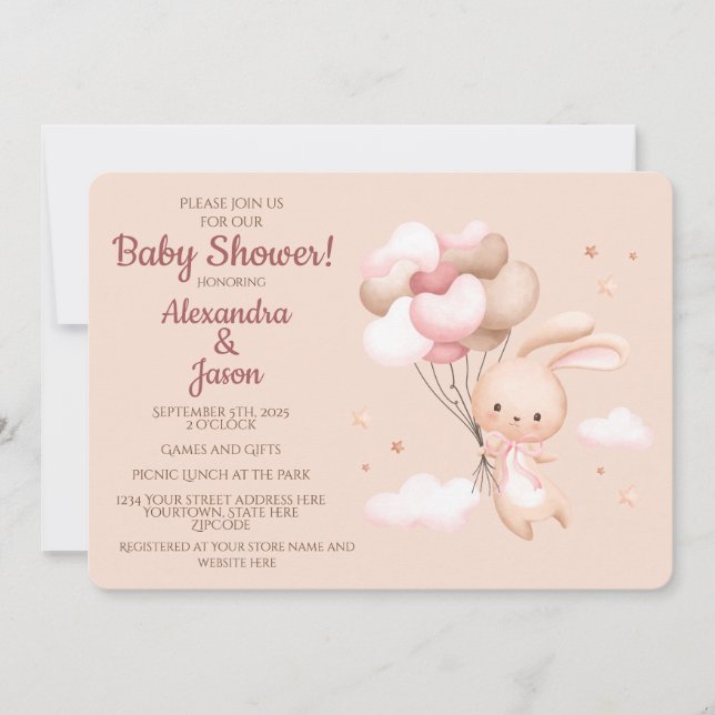 Pink Woodland Bunny Rabbit Babydusche Einladung (Vorderseite)