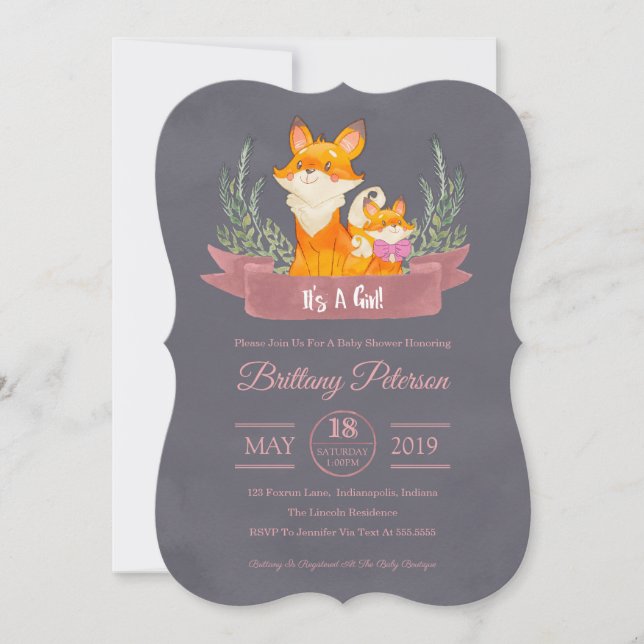 Pink Woodland Fox Girl Babydusche Einladung (Vorderseite)