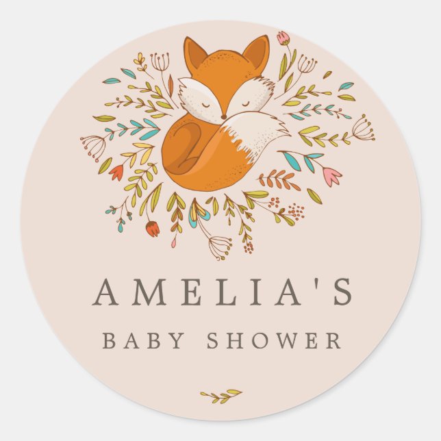 Pink Woodland Fox Sweet Baby Dusche Gefallen Siege Runder Aufkleber (Vorderseite)