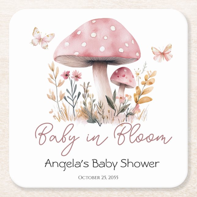 Pink Woodland Mushroom Kinderdusche Papier Unterse Rechteckiger Pappuntersetzer (Vorderseite)
