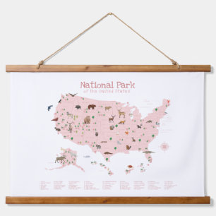 Pink Woodland National Parks Map Kinderzimmer Deko Wandteppich Mit Holzrahmen