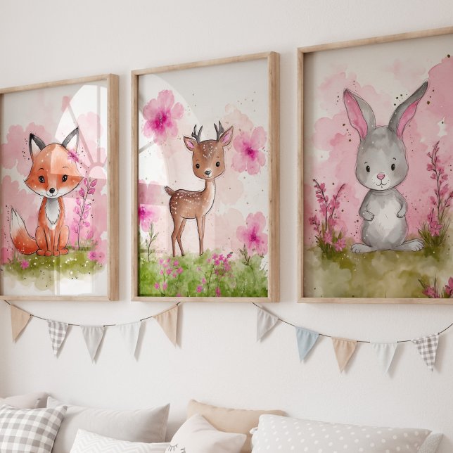 Pink Woodland Nursery Art Print Set (Woodland Girls Nursery Art Set of 3)