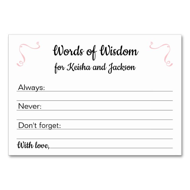 Pink Words of Wisdom Girl Baby Shower Advice Cards Tischnummer (Vorderseite)