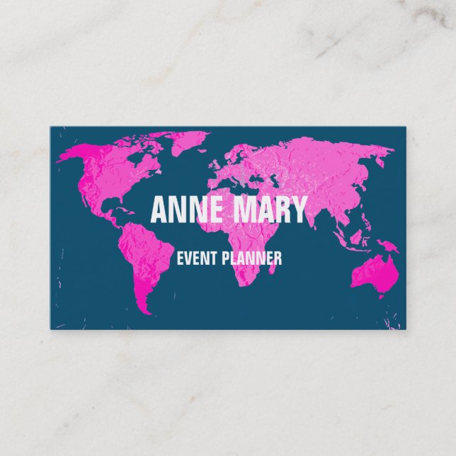 Pink World Map Abstrakt Art Blue Wedding Niedlich Visitenkarte (Vorderseite)