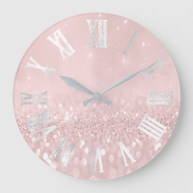 Pink Wow Gray Silver Glitter Metal Roman Numers Große Wanduhr (Vorderseite)
