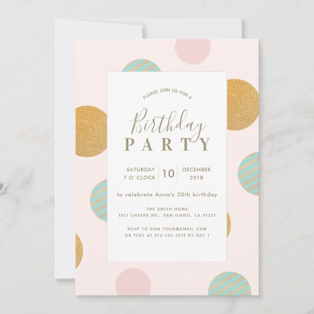 Pink x Gold Polka Point Anniversaire Invitation de (Devant)