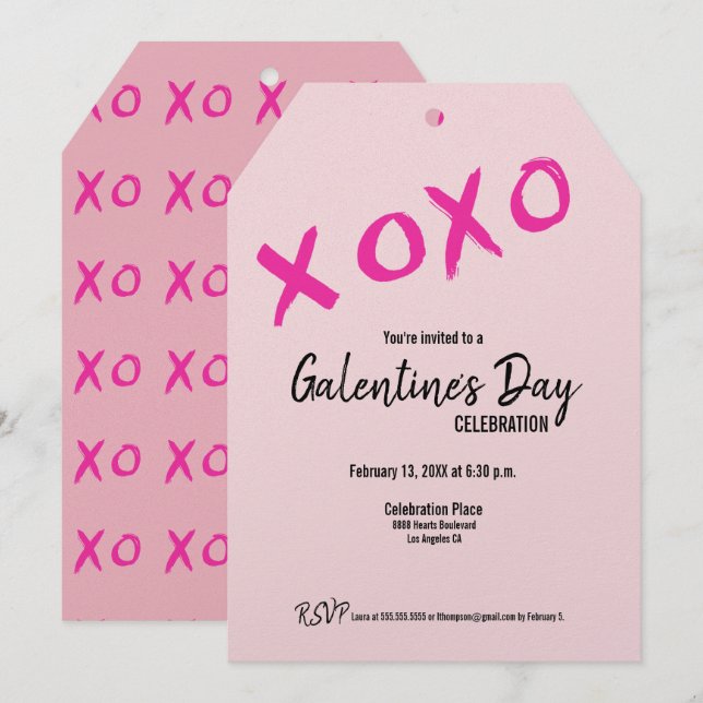 Pink XOXO Niedliches Galentiner-Tag-Party Einladung (Vorne/Hinten)