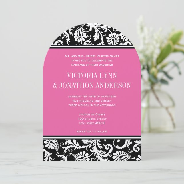 Pink Yarrow Monogram Floral Damask Wedding  Einladung (Stehend Vorderseite)