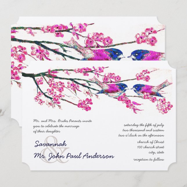 Pink Yarrow Navy Blue Love Bird Forest Wedding Einladung (Vorne/Hinten)