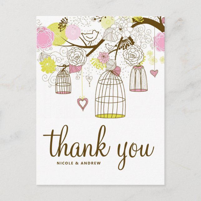 Pink & Yellow Birdcages Lovebirds Vielen Dank Postkarte (Vorderseite)