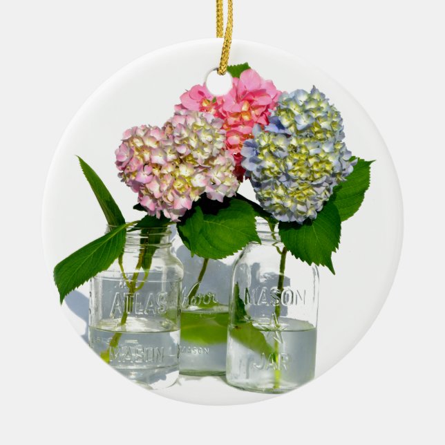 Pink yellow blue hydrangeas in mason jar keramikornament (Vorne)
