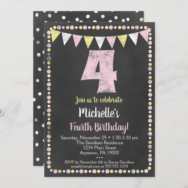 Pink Yellow Chalkboard 4th Birthday Invitation (Devant / Derrière)