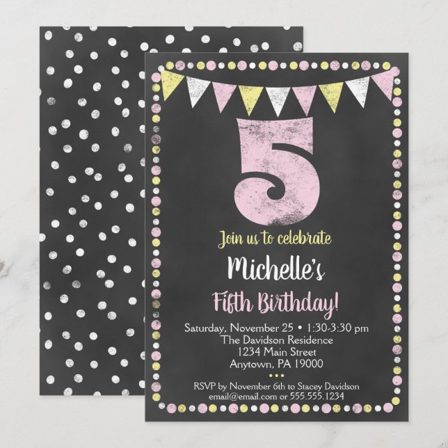 Pink Yellow Chalkboard 5e invitation anniversaire (Devant / Derrière)
