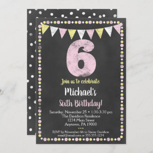 Pink Yellow Chalkboard 6e invitation anniversaire