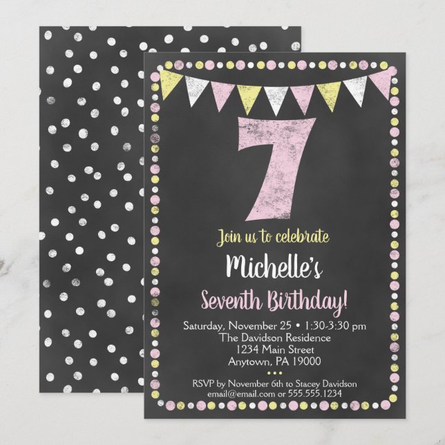 Pink Yellow Chalkboard 7e Invitation anniversaire (Devant / Derrière)
