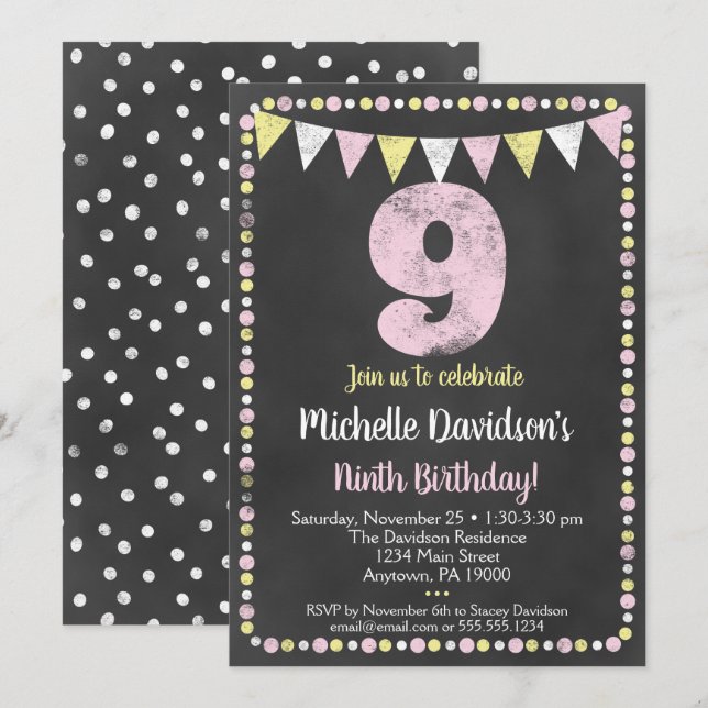 Pink Yellow Chalkboard 9e Invitation anniversaire (Devant / Derrière)
