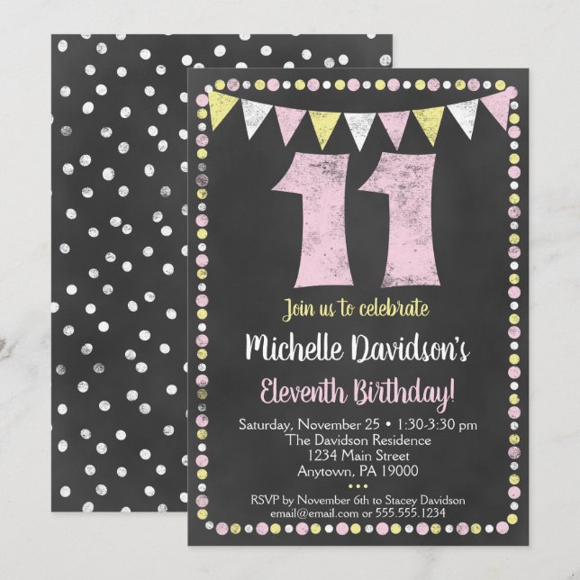 Pink Yellow Chalkboard Invitation 11e anniversaire (Devant / Derrière)