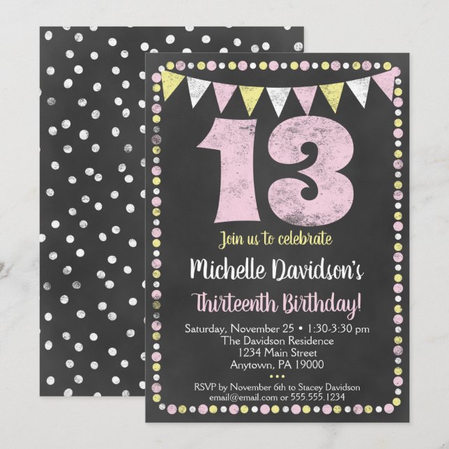 Pink Yellow Chalkboard Invitation 13e anniversaire (Devant / Derrière)