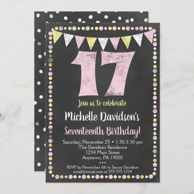 Pink Yellow Chalkboard Invitation 17e anniversaire (Devant / Derrière)