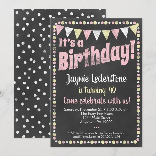 Pink Yellow Chalkboard Invitation d'anniversaire (Devant / Derrière)