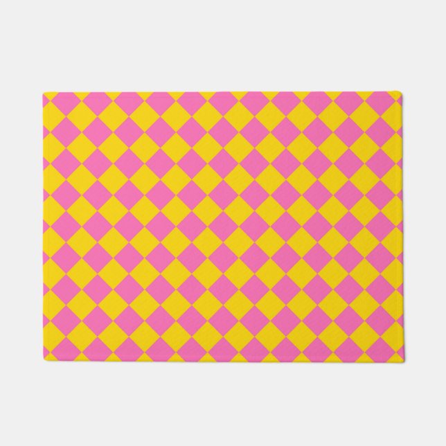 Pink Yellow Diamond Harlequin Schachbrett Pattern Fußmatte (Vorderseite)