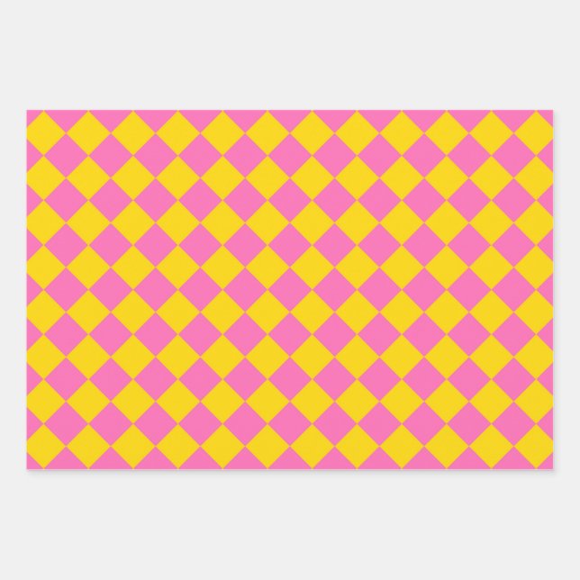 Pink Yellow Diamond Harlequin Schachbrett Pattern Geschenkpapier Set (Vorderseite)