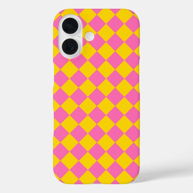 Pink Yellow Diamond Harlequin Schachbrett Pattern iPhone 16 Hülle (Rückseite)