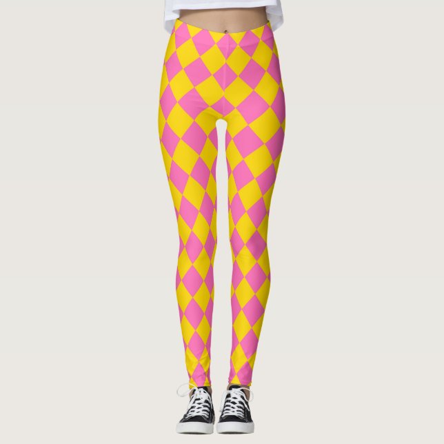 Pink Yellow Diamond Harlequin Schachbrett Pattern Leggings (Vorderseite)