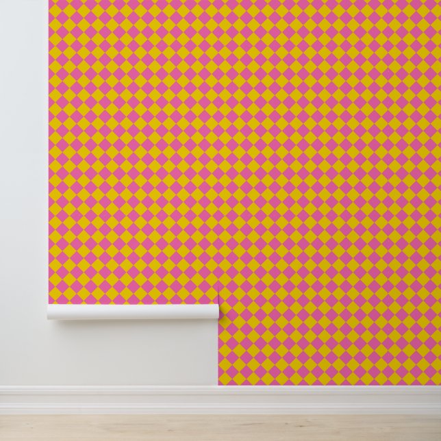 Pink Yellow Diamond Harlequin Schachbrett Pattern Tapete (Anwendung)