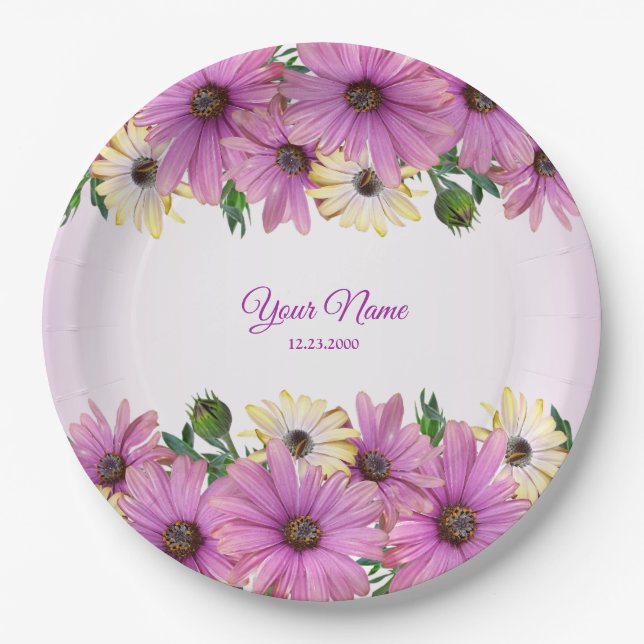 Pink Yellow Floral Rustic Elegant Wedding Party Pappteller (Vorderseite)