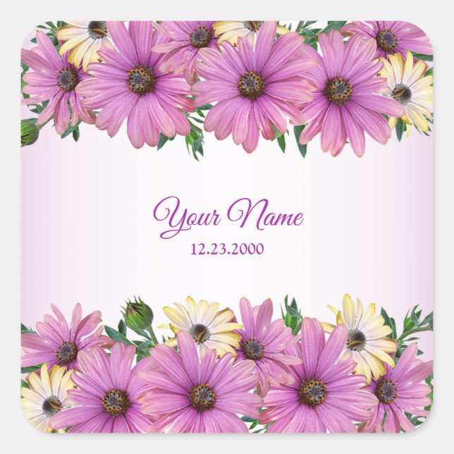 Pink Yellow Floral Rustic Elegant Wedding Party Quadratischer Aufkleber (Vorderseite)