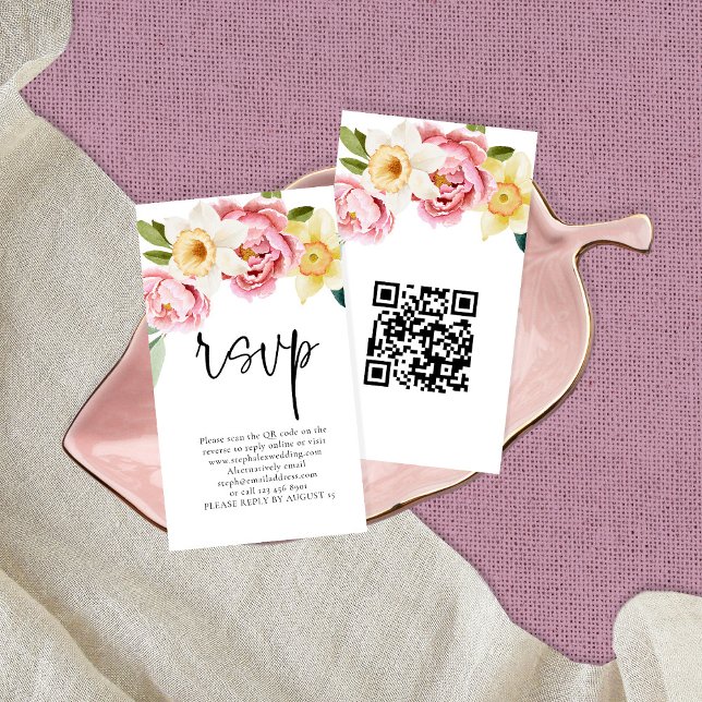 Pink Yellow Florals Script QR Code Wedding RSVP Begleitkarte (Von Creator hochgeladen)