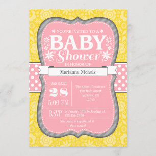 Pink Yellow Grey Floral Blume Kinderdusche einlade Einladung