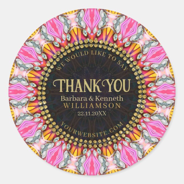 Pink+Yellow Happy Vibe Mandala Vielen Dank Runder Aufkleber (Vorderseite)