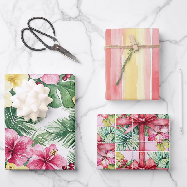 Pink Yellow Hibiscus Flowers Bows Stripes Birthday Geschenkpapier Set (Vorderseite)