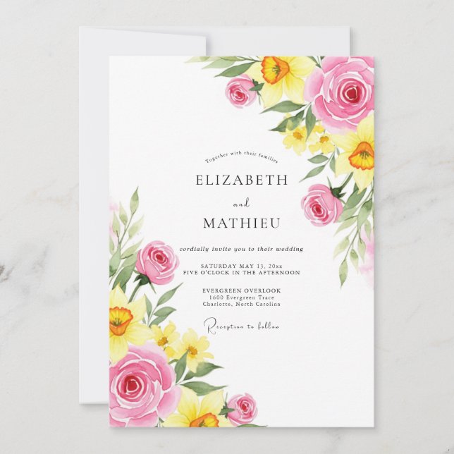 Pink Yellow Jubilant Spring Wedding Einladung (Vorderseite)