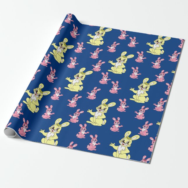 Pink Yellow Kawaii Bunny Rabbit Blue Hintergrund Geschenkpapier (Ungerollt)