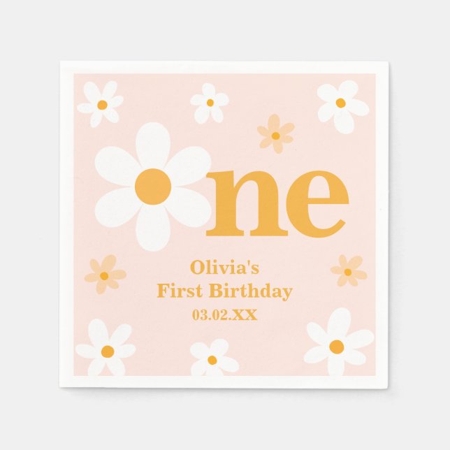Pink Yellow One Daisy 1st Birthday Girl Serviette (Vorderseite)