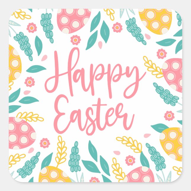 Pink Yellow Pastel Easter Eggs Foliage Quadratischer Aufkleber (Vorderseite)