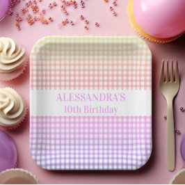 Pink Yellow Pastel Gradient Gingham Birthday Pappteller
