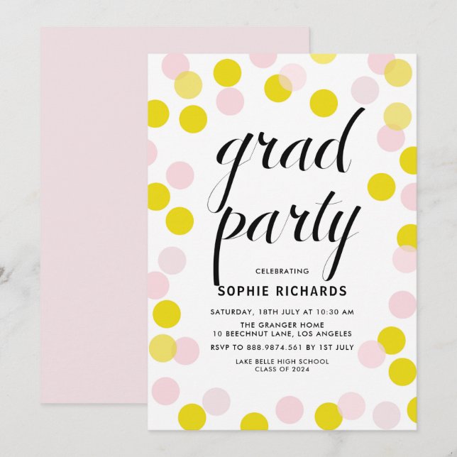 Pink & Yellow Polka Dots Confetti Graduation Party Einladung (Vorne/Hinten)