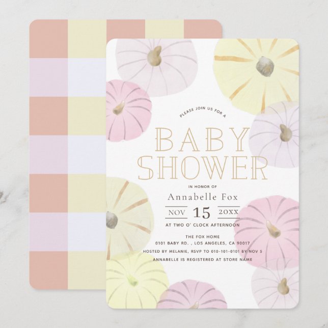 Pink & Yellow Pumpkin Girl Babydusche Einladung (Vorne/Hinten)