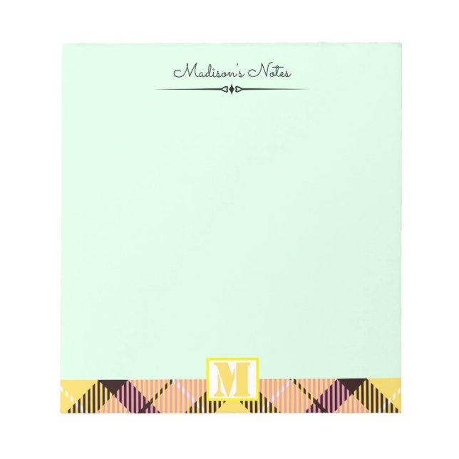 Pink Yellow Tartan Custom Script Monogram Celadon Notizblock (Vorderseite)
