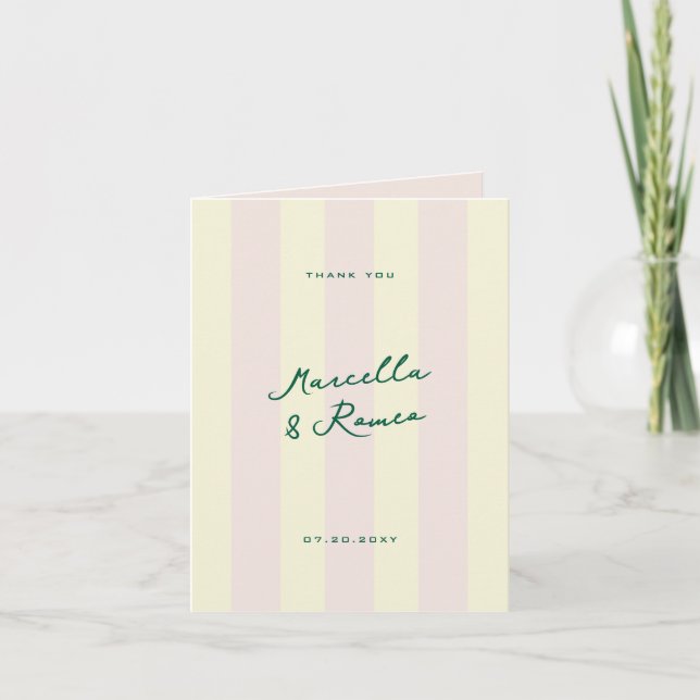 Pink Yellow Vertical Stripes and Wedding Photo Dankeskarte (Vorderseite)